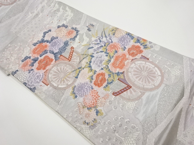 JAPANESE KIMONO / VINTAGE FUKURO OBI / WOVEN FLORAL CART & CRANES